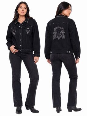 Y2K Vintage Midnight Velvet Studded Cow Skull Denim Western Jacket Black Size S